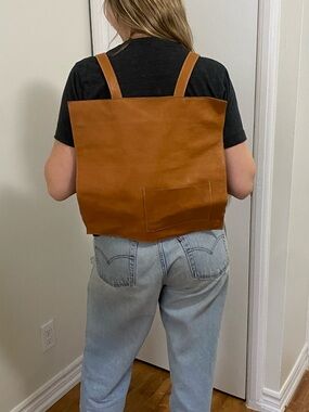 Leather Tote Backpack in Cognac Brown - Unbranded